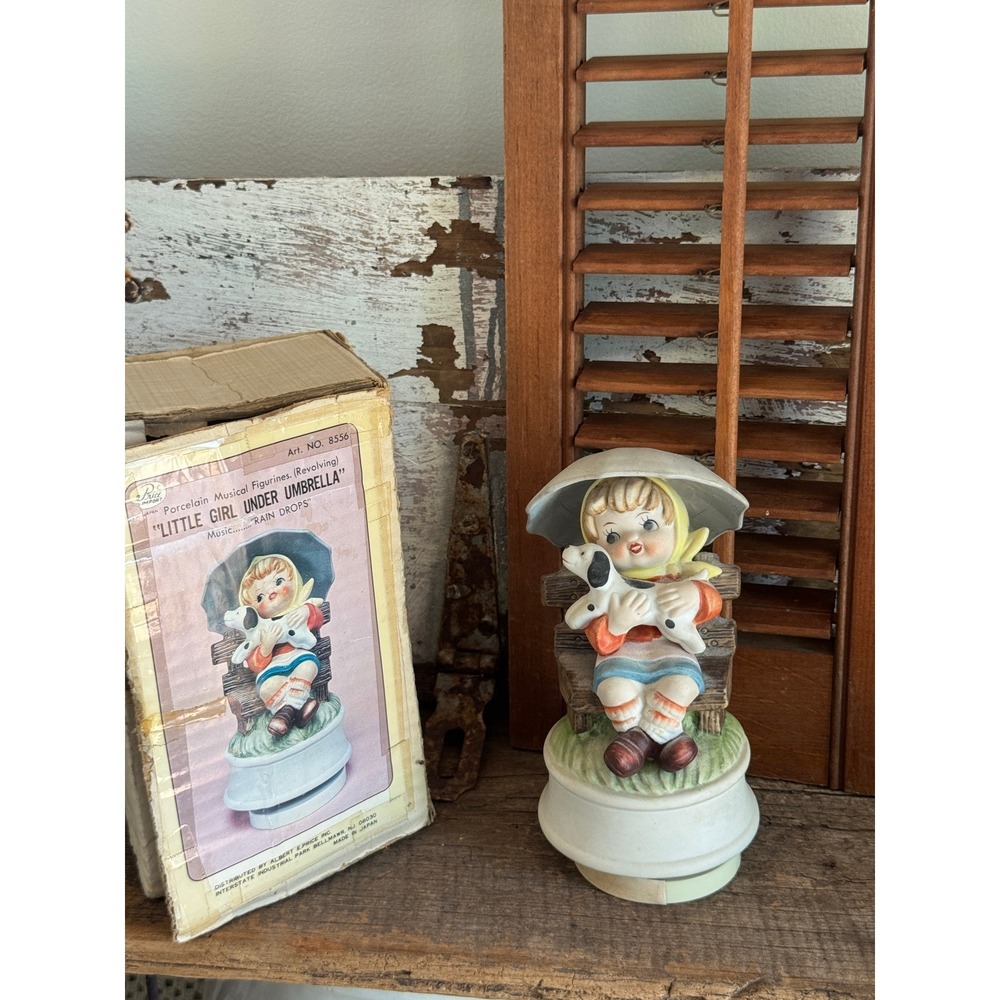Vintage Albert E Price Porcelain Musical Figurine‎ Little Girl Umbrella Dog 8556